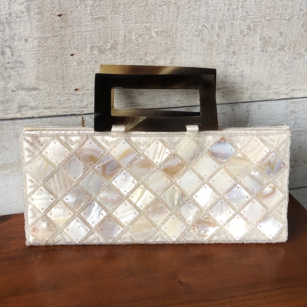 Beaded Mother of Pearl Stitched Beaded lucite handles handbag - Picture 1 of 9